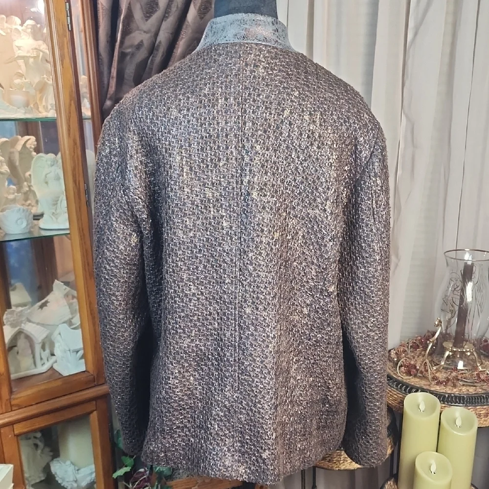 CHICO'S| Brown Bronze Copper Tweed Metallic‎ Full Zip Gold Lined Jacket | XL 16